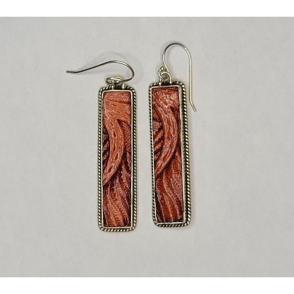Tooled Leather Western Style Dangle Earrings Sterling Silver Marked by PB - Picture 1 of 4